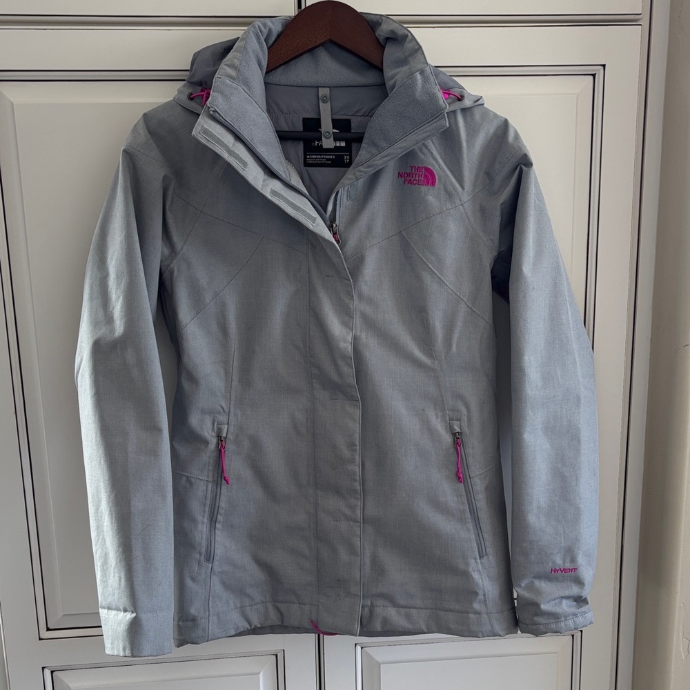 North Face Hyvent Ski Snow Lined Jacket Gray Pink Removable‎ Hood Women’s XS